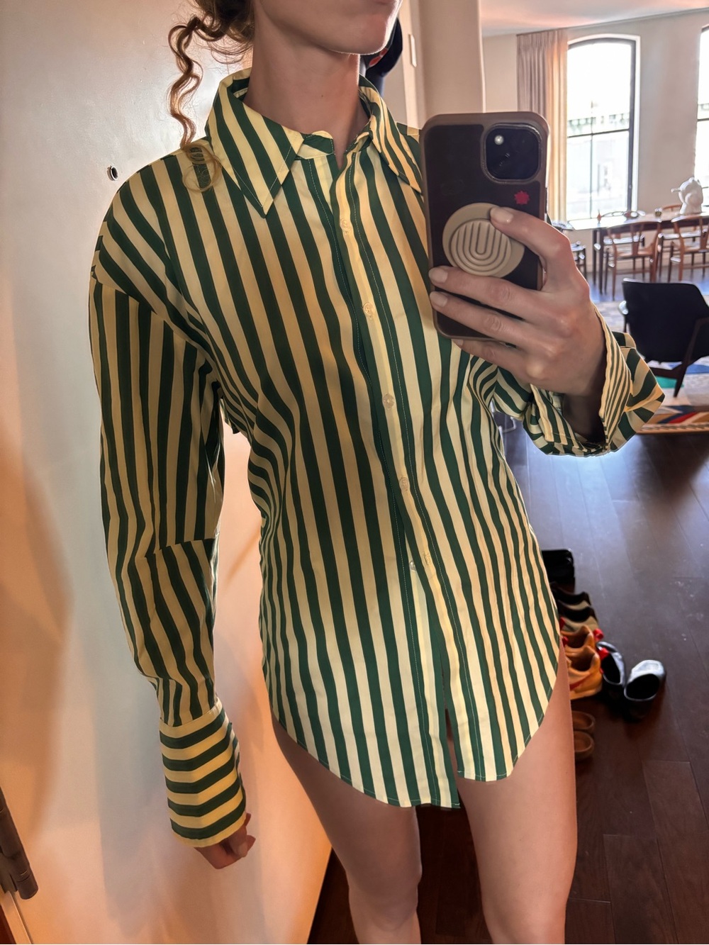 Simon Miller Green and Cream Vertical Stripe Button-Down Shirt